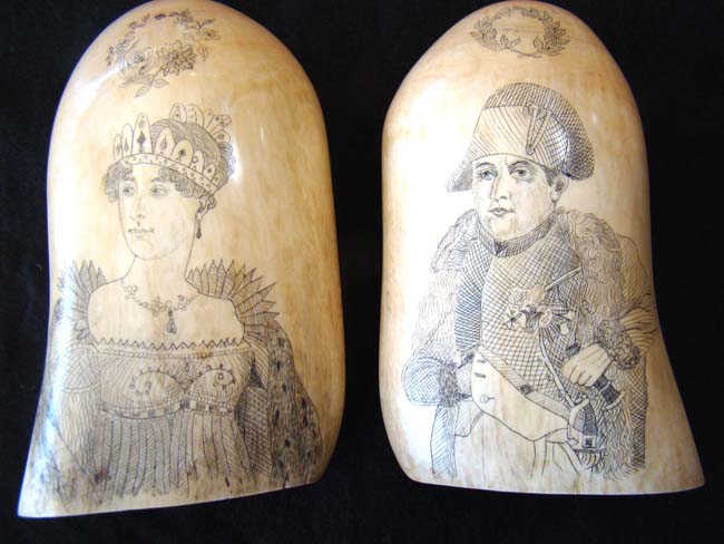 A wonderful pair of 19th century scrimshawed whales' teeth depicting Napoleon and Josephine — image 2